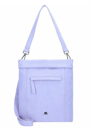 Borsa a tracolla in finta pelle viola con una patta superiore, una tasca frontale con zip e una tracolla regolabile, caratterizzata da un dettaglio con logo ad albero.