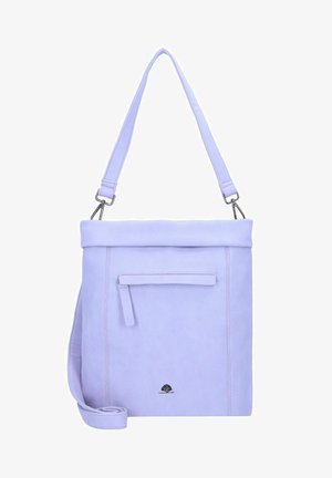 Borsa a tracolla in finta pelle viola con una patta superiore, una tasca frontale con zip e una tracolla regolabile, caratterizzata da un dettaglio con logo ad albero.