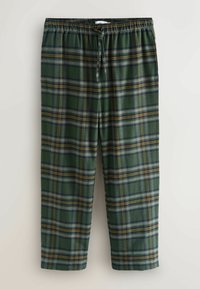 Zelené kockované nohavice s jemnou textúrou, elastickým pásom so šnúrkou a kontrastnými žltými a námorníckymi pruhmi v vzore.