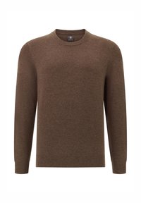 Brązowy sweter dzianinowy z okrągłym dekoltem, długimi rękawami i ściągaczem na dole. Miękka faktura z delikatnym wzorem. Etykieta marki widoczna wewnątrz dekoltu.