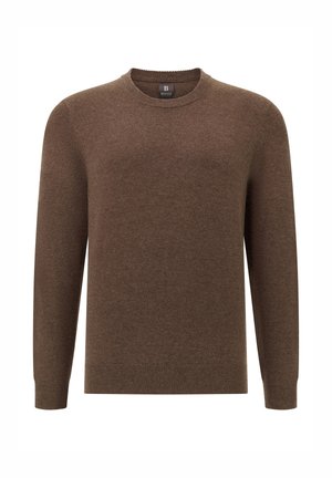 Hnědý pletený svetr s kulatým výstřihem, dlouhými rukávy a žebrovaným lemem. Měkká textura se subtilním vzorem. Značková etiketa viditelná uvnitř výstřihu.