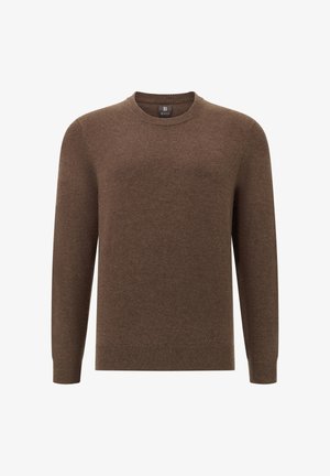 Hnědý pletený svetr s kulatým výstřihem, dlouhými rukávy a žebrovaným lemem. Měkká textura se subtilním vzorem. Značková etiketa viditelná uvnitř výstřihu.