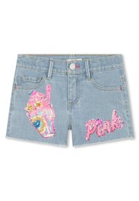 Ljusblå denimshorts med en paljettbeströdd rosa milkshake på vänster ben och ordet "Pink" i paljetter på höger ben, fransad fåll.