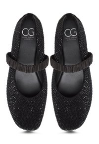 Schwarze Ballerinas mit einem kristallverzierten Außenmaterial, runder Spitze und einem texturierten elastischen Riemen um den Knöchel. Glatte Innenauskleidung.