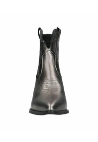 Glossy black leather ankle boot with elastic side panels, pointed toe, and decorative stitching on the vamp. Flat rubber sole.