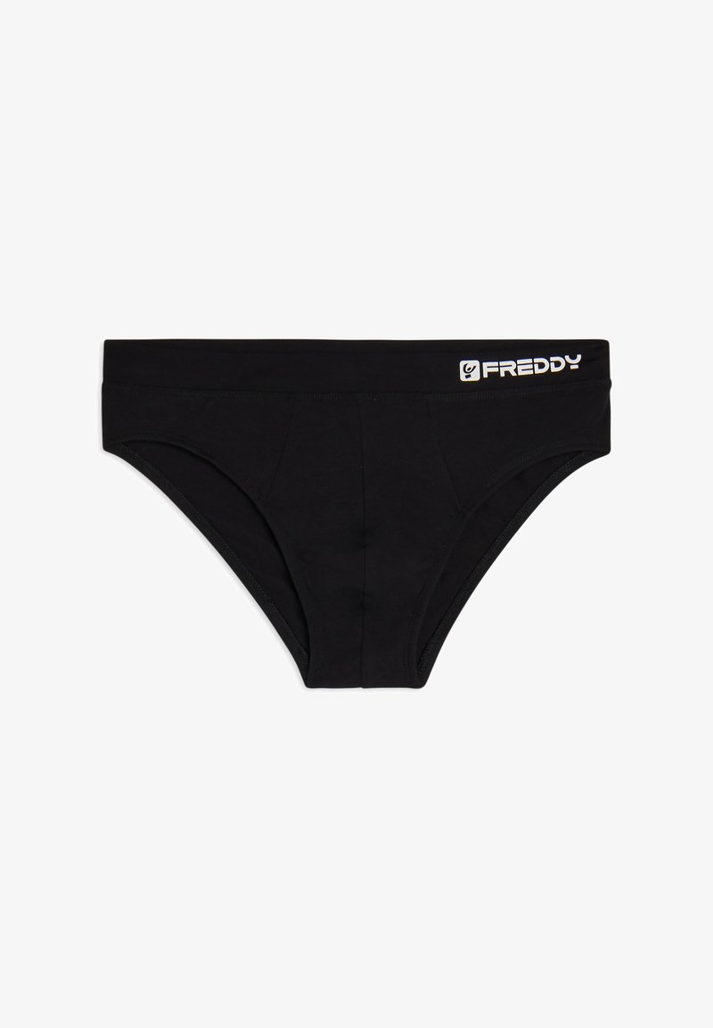 Mutande nere in cotone caratterizzate da una texture liscia, una forma aderente e un logo sulla fascia in vita. Design semplice e classico.