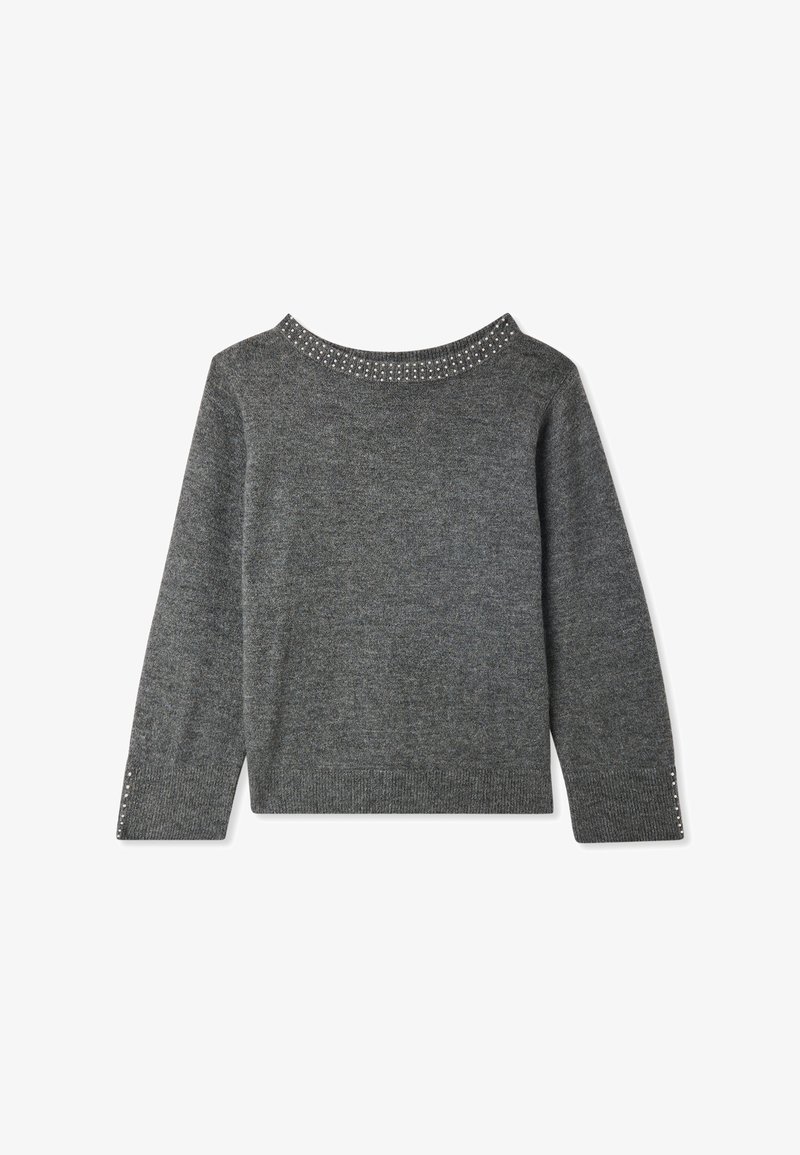 Szary sweter z długim rękawem, z dekoltem w kształcie łódki i małymi ozdobnymi koralikami na kołnierzu i mankietach.