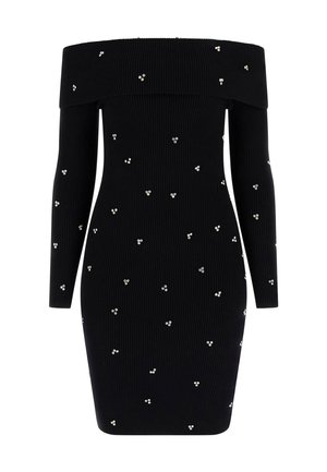 Abito nero a coste con spalle scoperte e maniche lunghe, impreziosito da piccole perline argentate disposte in un motivo sparso. Design aderente.