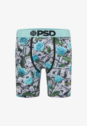 Boxer da uomo PSD caratterizzati da un design a motivo di rose blu su uno sfondo di banconote, con una vita di colore verde menta.