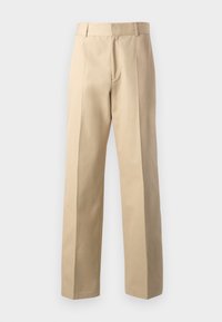 Beige, egyenes szárú, szabott nadrág sima textúrával, középső elülső redőkkel és klasszikus derékrésszel.