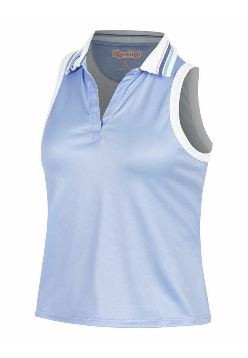 Polo senza maniche di un azzurro chiaro con scollo a V, bordo bianco e colletto a strisce multicolori. Realizzato in tessuto morbido e traspirante.