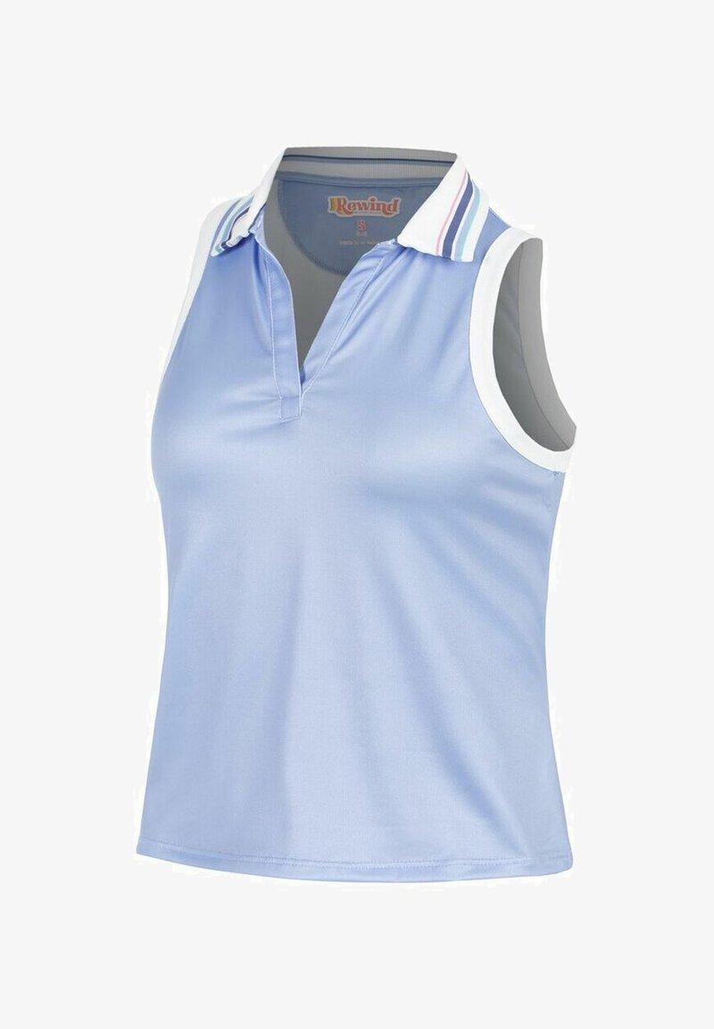 Polo senza maniche di un azzurro chiaro con scollo a V, bordo bianco e colletto a strisce multicolori. Realizzato in tessuto morbido e traspirante.