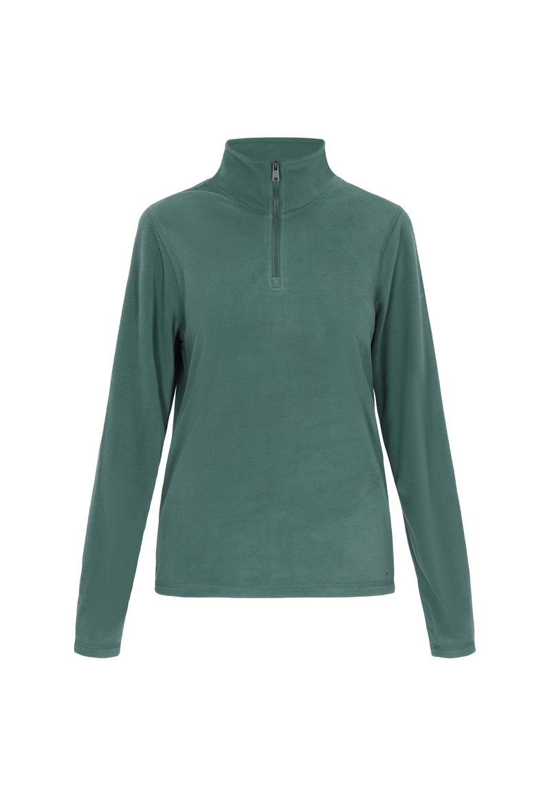 Pullover in pile verde con maniche lunghe e colletto con zip a un quarto. Tessuto morbido, design minimalista, senza schemi visibili o dettagli hardware.