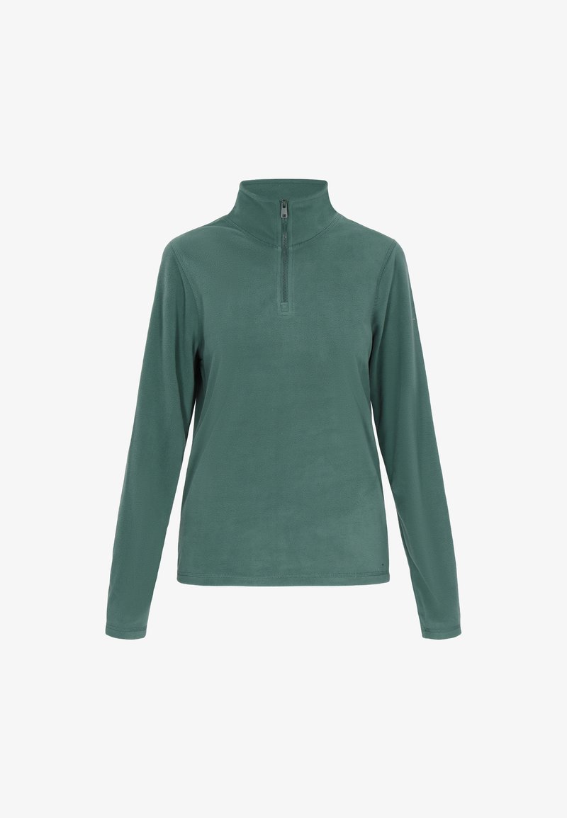Pullover in pile verde con maniche lunghe e colletto con zip a un quarto. Tessuto morbido, design minimalista, senza schemi visibili o dettagli hardware.