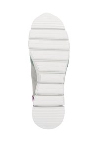 Sneaker-Sohle mit einer weißen Gummibasis, die mit strukturierten Rillen versehen ist, einem hellgrauen Obermaterial und dezenten lila und grünen Akzenten.