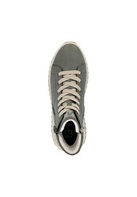 Baskets montantes en cuir vert avec des lacets beiges et une semelle en caoutchouc texturé. Dotées d'une fermeture éclair sur le côté et d'un intérieur doux.