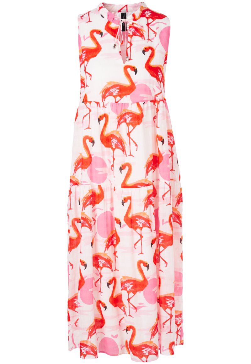 Ärmelloses weißes Maxikleid mit leuchtendem orange- und pinkfarbener Flamingoprint und runder Ausschnitt mit Vorderbanddetail.