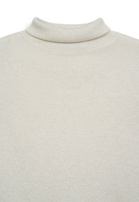 Beige Rollkragenpullover mit strukturiertem Strickmuster. Er besitzt einen hohen, umgeschlagenen Kragen und einen glatten, gleichmäßigen Stoff ohne sichtbare Muster oder Akzente.