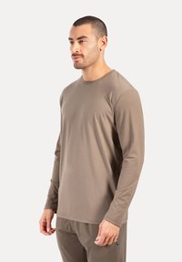 Langärmliges Shirt in solidem Taubenton, aus einem weichen, glatten Stoff gefertigt, mit Rundhalsausschnitt und normaler Passform.