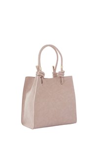 Borsa tote in pelle rosa chiaro con texture liscia, manici annodati e rifiniture metalliche. Forma quadrata con design aperto nella parte superiore.
