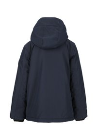 Marinblå vattentät jacka med huva, som har en slät yta och en avslappnad passform, designad utan synlig hårdvara eller detaljer.