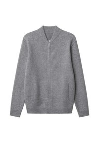 Grauer Reißverschluss-Cardigan aus weichem Strickmaterial. Verfügt über gerippte Bündchen und Saum, seitliche Taschen und ein minimalistisches Design.