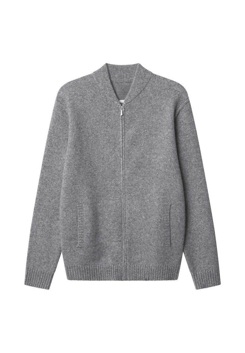 Grauer Reißverschluss-Cardigan aus weichem Strickmaterial. Verfügt über gerippte Bündchen und Saum, seitliche Taschen und ein minimalistisches Design.