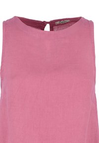 Blusa senza maniche rosa in lino, con scollatura rotonda e schiena a chiave con un delicato dettaglio di chiusura. Tessuto liscio.