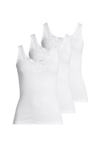 Three white cotton tank tops with a V-neck and lace detailing on the neckline, featuring wide straps and a fitted design.