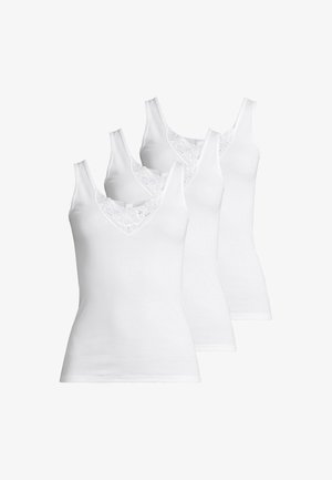 Three white cotton tank tops with a V-neck and lace detailing on the neckline, featuring wide straps and a fitted design.