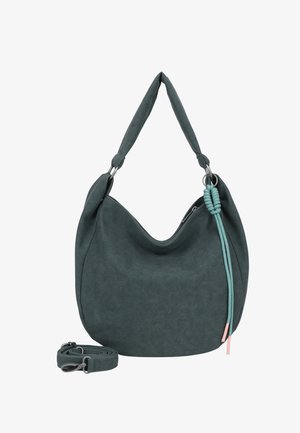 Dunkelgrüner Hobo-Beutel mit knotetem türkisfarbenem Kordeldetail und abnehmbarem Trageriemen, vor einem weißen Hintergrund präsentiert.