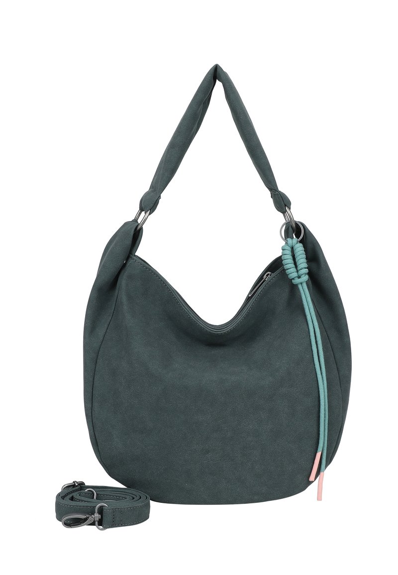 Borsa hobo verde scuro con dettaglio in corda turchese annodata e tracolla staccabile, esposta su uno sfondo bianco.