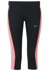Black capri leggings with pink side stripes and a silver Nike logo on the left thigh. Made from stretchy material for comfort and fit.