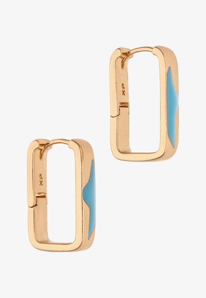 Arany téglalap alakú karika fülbevalók, sima türkiz zománc hullám díszítéssel a külső oldalon, zsanéros kapoccsal ellátva.