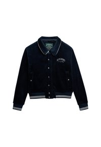 Veste en velours bleu marine avec des passepoils blancs et un logo "Superdry" brodé. Comprend des boutons-pression, des poignets côtelés et une taille.