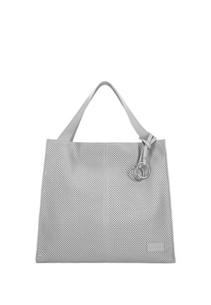 Grijze geperforeerde leren tote bag met twee handvatten, voorzien van een metallic ringaccent en een subtiele logo patch aan de zijkant.