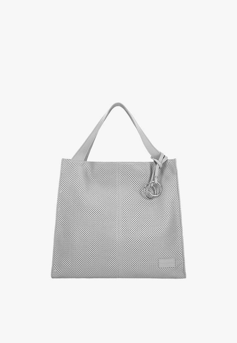 Grijze geperforeerde leren tote bag met twee handvatten, voorzien van een metallic ringaccent en een subtiele logo patch aan de zijkant.