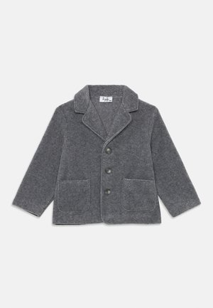 Grau melierte Wolljacke mit Schalkragen, vier Knöpfen und zwei vorderen Taschen. Weiche Textur und taillierte Gestaltung.