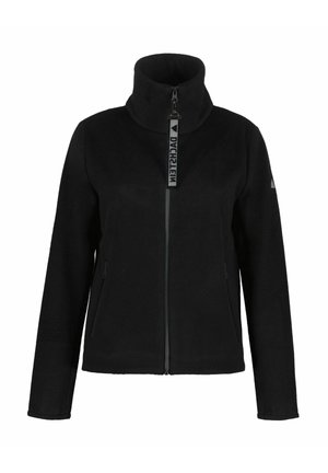 Schwarze Fleecejacke mit hohem Kragen, durchgehendem Reißverschluss und zwei Seitentaschen. Mit einem Reißverschlussanhänger mit Logo und einem strukturierten Stoff.
