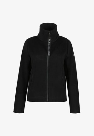 Chaqueta de forro polar negra con cuello alto, cremallera completa y dos bolsillos laterales. Cuenta con un tirador de cremallera con logo y una tela texturizada.