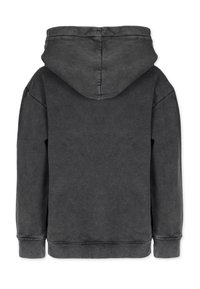 Tummanharmaa huppari, jossa on huppu, pitkät hihat ja ribatut hihansuut. Materiaali on pehmeä ja siinä on vain minimoitu ompeleet.