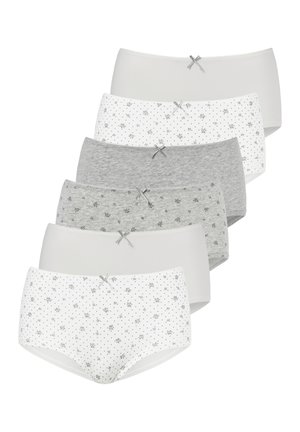 Sechs Damen-Höschen mit hohem Bund aus Baumwolle in Weiß, Grau und Blumenmustern, jeweils mit einer kleinen grauen Schleife in der Mitte des Bunds.