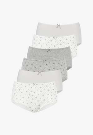 Six women's high-waist cotton briefs in white, gray, and floral patterns, each with a small gray bow at the center waistband.