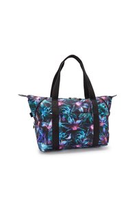 Floral duffel bag with black straps; features a vibrant design of blue and purple flowers on a black background. Zipper closure and side pocket.