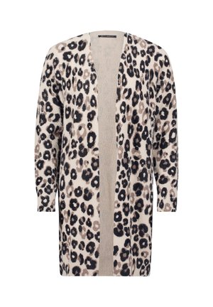 Luipaardprint vest met een open voorkant, lange mouwen, zachte textuur, in beige en zwarte kleuren. Heeft een relaxed fit en geen sluiting.