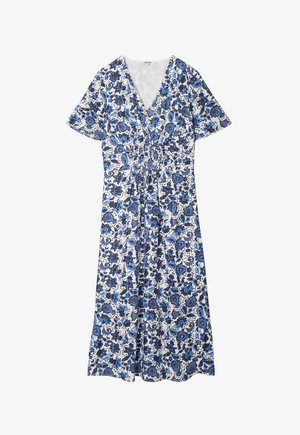 Niebieska i biała sukienka w kwiaty z krótkimi rękawami, głębokim dekoltem w kształcie litery V oraz marszczeniem w talii, wykonana z lekkiego materiału.