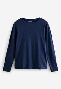 Marineblå langærmet t-shirt lavet af blød bomuld. Har en rund halsudskæring og en afslappet pasform. Enkel, ensfarvet uden mønstre eller accenter.