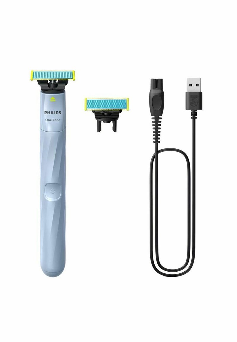 Philips OneBlade elektrische trimmer in lichtblauw, met een gele punt op het mes, inclusief een extra mes en een USB-oplaadkabel.
