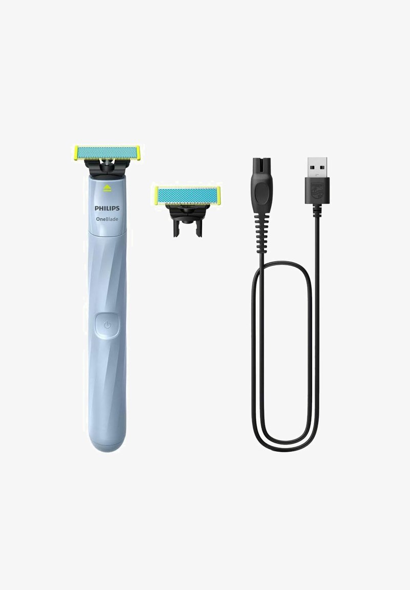 Philips OneBlade elektrische trimmer in lichtblauw, met een gele punt op het mes, inclusief een extra mes en een USB-oplaadkabel.