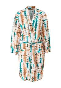 Peignoir blanc avec rayures tie-dye marron, turquoise et olive, deux poches avant, manches longues, et ceinture à nouer à la taille.